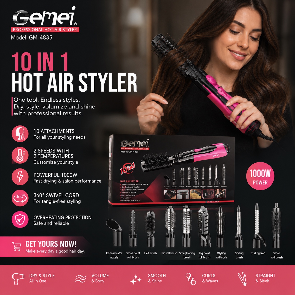 Gemei 10-in-1 Hot Air Styler